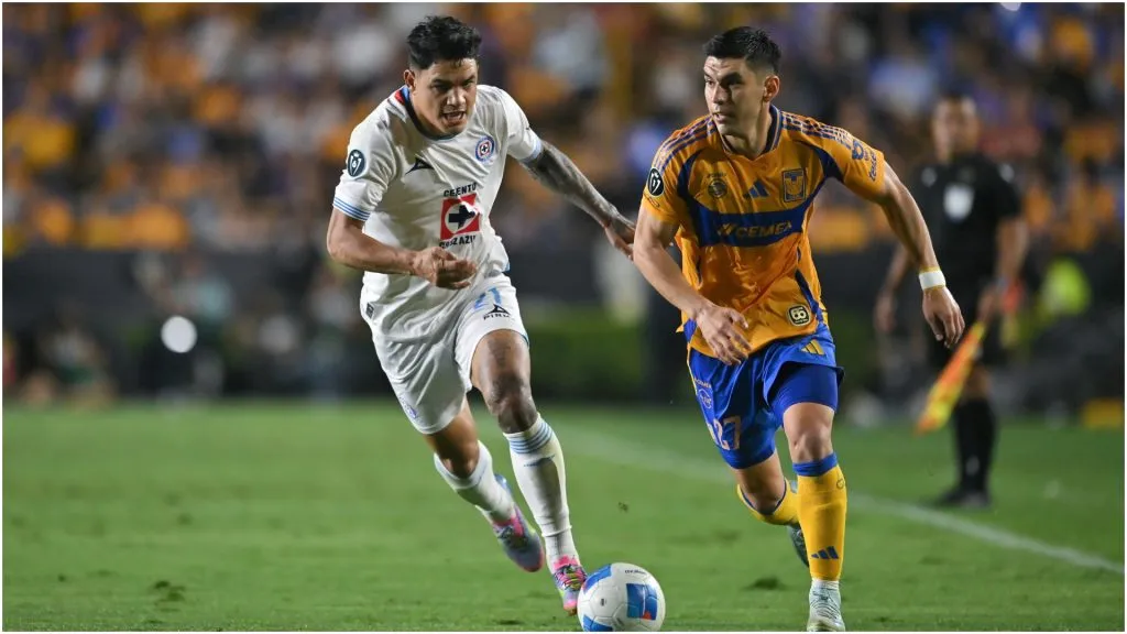 Jesus Angulo of Tigres fights for the ball with Ignacio Rivero of Cruz Azul – Azael Rodriguez/Getty Images