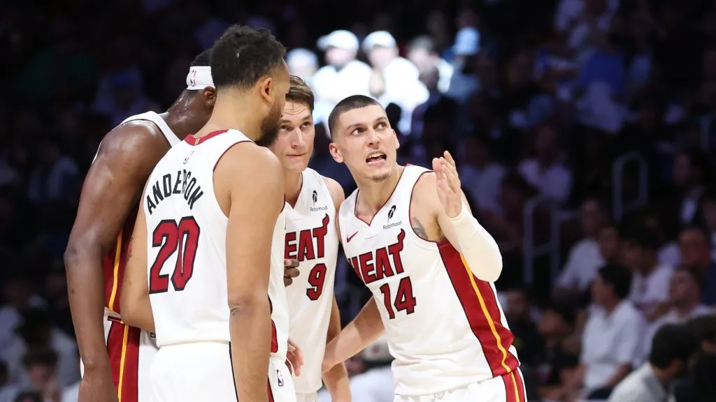 MIAMI, FLORIDA – APRIL 28: Tyler Herro #14 of the Miami Heat speaks to teammates during the first quarter against the Cleveland Cavaliers in Game Four of the Eastern Conference First Round NBA Playoffs at Kaseya Center on April 28, 2025 in Miami, Florida. NOTE TO USER: User expressly acknowledges and agrees that, by downloading and or using this photograph, User is consenting to the terms and conditions of the Getty Images License Agreement. (Photo by Megan Briggs/Getty Images)