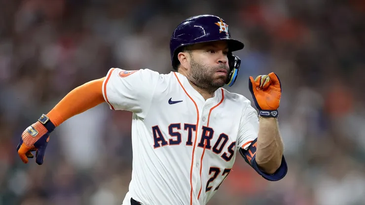 Jose Altuve #27 of the Houston Astros runs to first base during the second inning against the Toronto Blue Jays at Daikin Park on April 22, 2025 in Houston, Texas. (Photo by Alex Slitz/Getty Images)