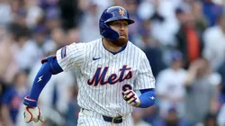 Brandon Nimmo #9 of the New York Mets watches his hit against the Toronto Blue Jays during the home opener at Citi Field on April 04, 2025 in the Flushing neighborhood of the Queens borough of New York City.