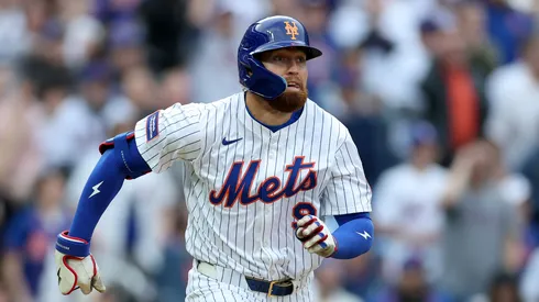 Brandon Nimmo #9 of the New York Mets watches his hit against the Toronto Blue Jays during the home opener at Citi Field on April 04, 2025 in the Flushing neighborhood of the Queens borough of New York City.
