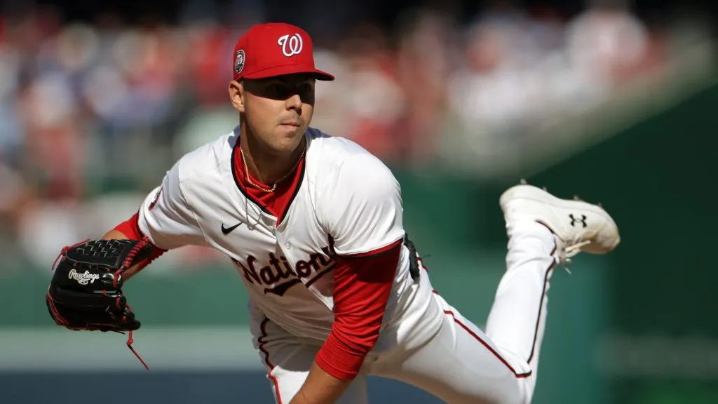 WASHINGTON, DC – MARCH 27: MacKenzie Gore #1 of the Washington Nationals throws a pitch in the second inning against the Philadelphia Phillies on Opening Day at Nationals Park on March 27, 2025 in Washington, DC. (Photo by Samuel Corum/Getty Images)