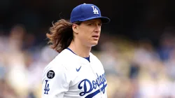 Tyler Glasnow #31 of the Los Angeles Dodgers reacts against the Pittsburgh Pirates during the first inning at Dodger Stadium on April 27, 2025 in Los Angeles, California.