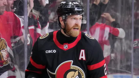 Claude Giroux #28 of the Ottawa Senators celebrates his goal against the Toronto Maple Leafs during the second period of Game Three of the First Round of the 2025 Stanley Cup Playoffs at Canadian Tire Centre on April 24, 2025 in Ottawa, Ontario, Canada.
