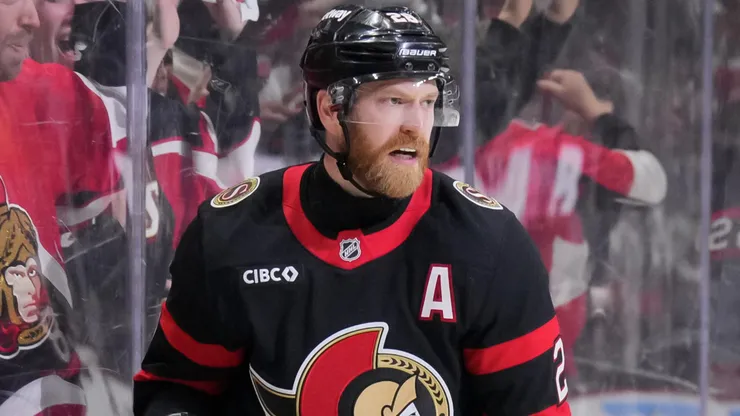 Claude Giroux #28 of the Ottawa Senators celebrates his goal against the Toronto Maple Leafs during the second period of Game Three of the First Round of the 2025 Stanley Cup Playoffs at Canadian Tire Centre on April 24, 2025 in Ottawa, Ontario, Canada.