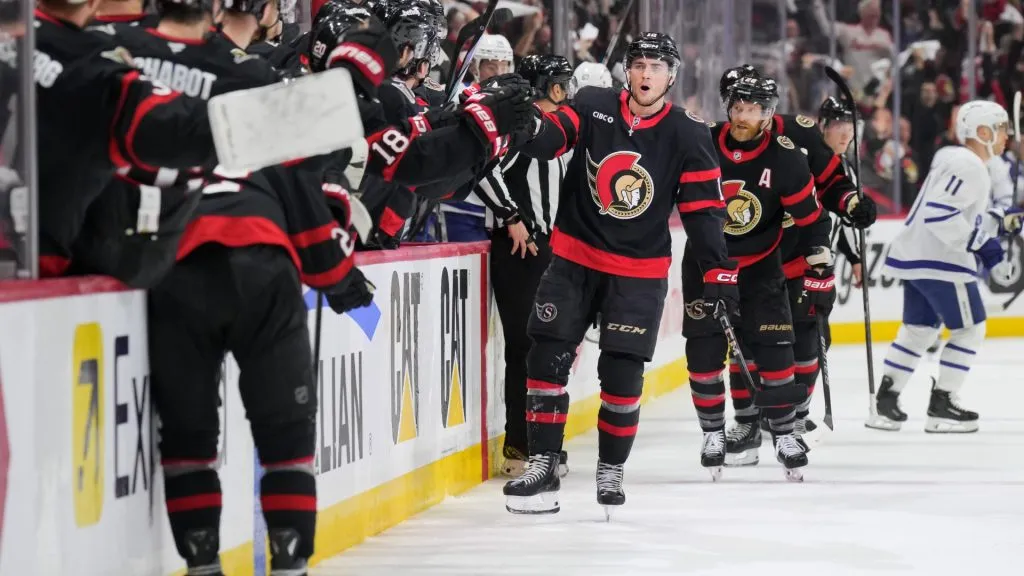 Shane Pinto #12 of the Ottawa Senators celebrates his first period goal against the Toronto Maple Leafs during Game Four of the First Round of the 2025 Stanley Cup Playoffs at Canadian Tire Centre on April 26, 2025 in Ottawa, Ontario, Canada. (Photo by Chris Tanouye/Freestyle Photography/Getty Images)