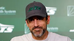 Aaron Rodgers speaks to the media during the New York Jets OTA Offseason Workout at Atlantic Health Jets Training Center on May 21, 2024 in Florham Park, New Jersey.