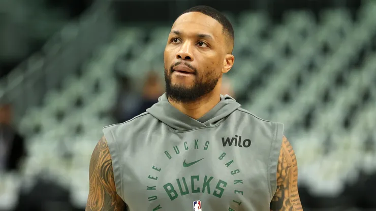 Damian Lillard #0 of the Milwaukee Bucks warms up before Game Four of the Eastern Conference First Round NBA Playoffs against the Indiana Pacers at Fiserv Forum on April 27, 2025 in Milwaukee, Wisconsin.
