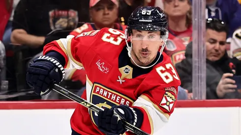 Brad Marchand #63 of the Florida Panthers shoots the puck during the second period against the Tampa Bay Lightning in Game Three of the First Round of the 2025 Stanley Cup Playoffs at Amerant Bank Arena on April 26, 2025 in Sunrise, Florida.
