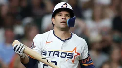 Jose Altuve #27 of the Houston Astros reacts after a strike out during the eighth inning against the Los Angeles Angels at Daikin Park on April 12, 2025 in Houston, Texas.