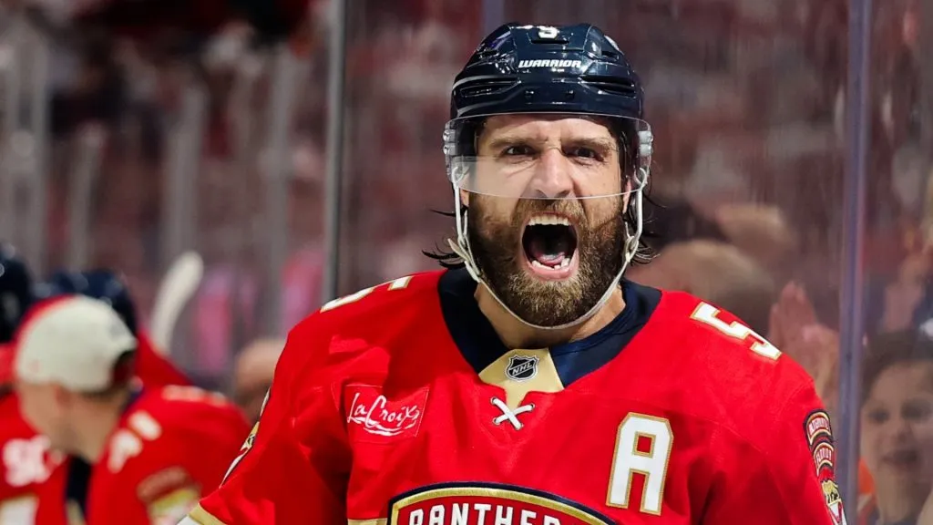 Aaron Ekblad #5 of the Florida Panthers celebrates after scoring a goal during the third period against the Tampa Bay Lightning in Game Four of the First Round of the 2025 Stanley Cup Playoffs at Amerant Bank Arena on April 28, 2025 in Sunrise, Florida.
