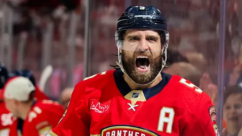 Aaron Ekblad #5 of the Florida Panthers celebrates after scoring a goal during the third period against the Tampa Bay Lightning in Game Four of the First Round of the 2025 Stanley Cup Playoffs at Amerant Bank Arena on April 28, 2025 in Sunrise, Florida.