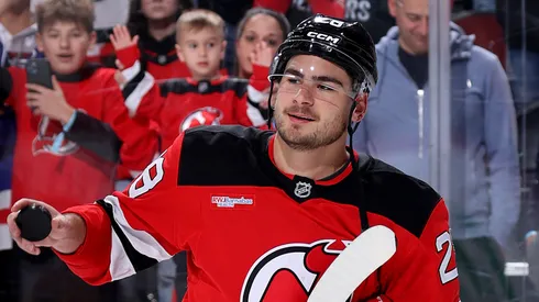 Timo Meier #28 of the New Jersey Devils celebrates on the ice after the game against the New York Rangers at Prudential Center on April 05, 2025 in Newark, New Jersey. The New Jersey Devils defeated the New York Rangers 4-0. (Photo by Timo Meier #28 of the New Jersey Devils celebrates on the ice after the game against the New York Rangers at Prudential Center on April 05, 2025 in Newark, New Jersey. The New Jersey Devils defeated the New York Rangers 4-0.