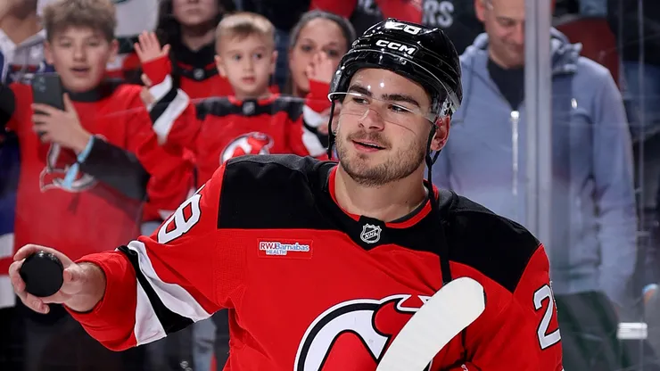 Timo Meier #28 of the New Jersey Devils celebrates on the ice after the game against the New York Rangers at Prudential Center on April 05, 2025 in Newark, New Jersey. The New Jersey Devils defeated the New York Rangers 4-0. (Photo by Timo Meier #28 of the New Jersey Devils celebrates on the ice after the game against the New York Rangers at Prudential Center on April 05, 2025 in Newark, New Jersey. The New Jersey Devils defeated the New York Rangers 4-0.