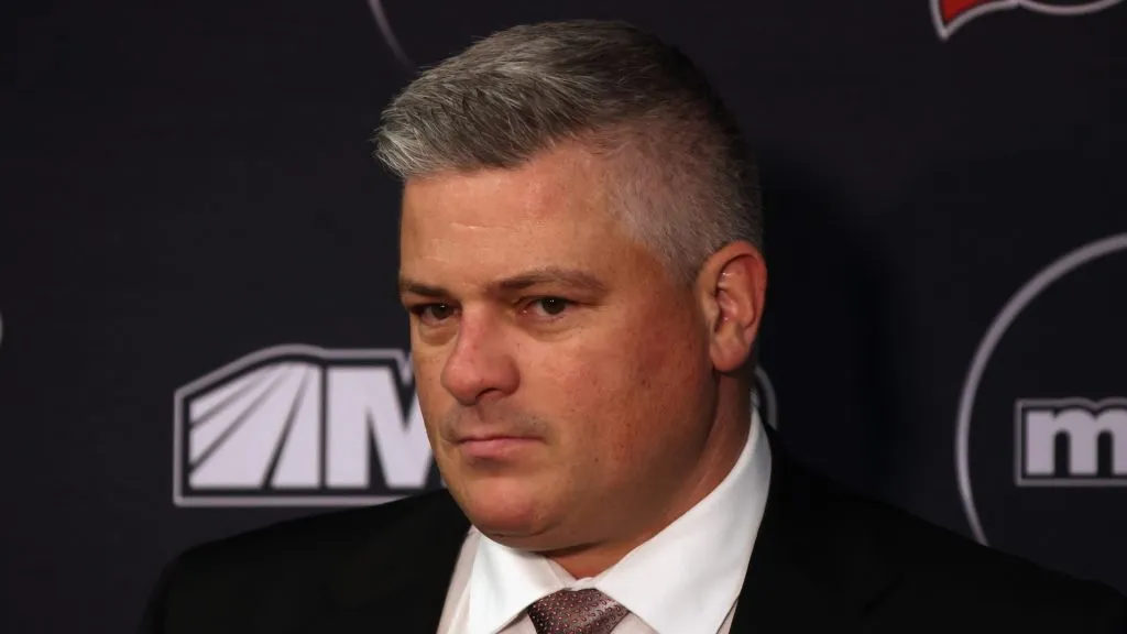 Head coach Sheldon Keefe of the New Jersey Devils speaks with the media after the game against the New York Islanders during preseason action at the Prudential Center on September 22, 2024 in Newark, New Jersey.