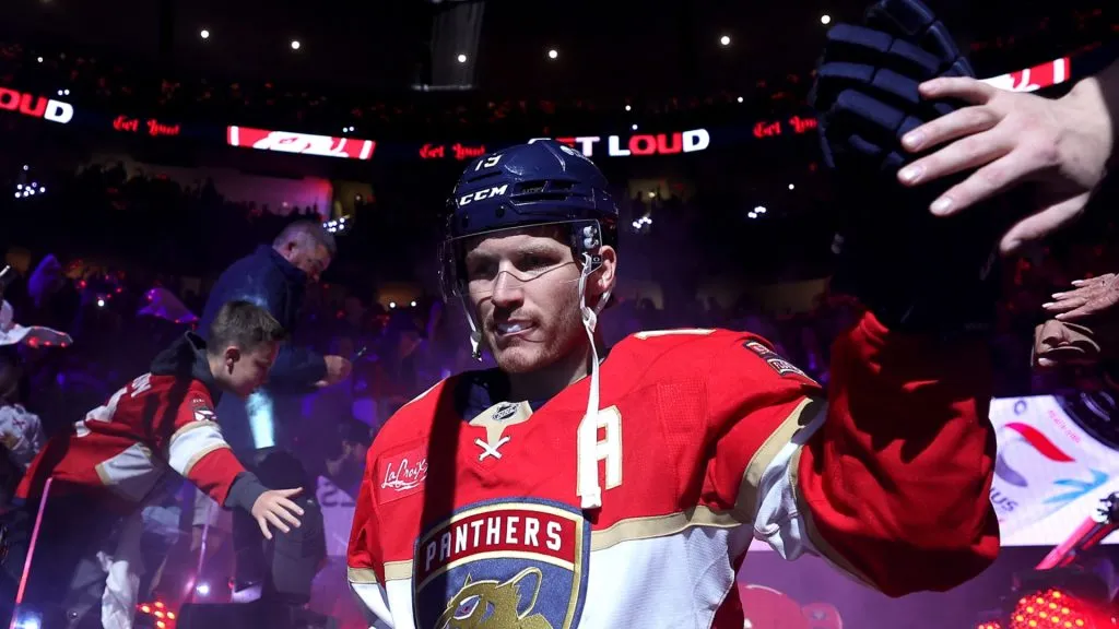 Matthew Tkachuk #19 of the Florida Panthers greets fans as he walks to the ice prior to Game Three of the First Round of the 2025 Stanley Cup Playoffs against the Tampa Bay Lightning at Amerant Bank Arena on April 26, 2025 in Sunrise, Florida.