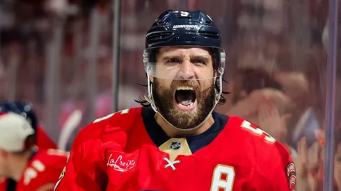 Aaron Ekblad #5 of the Florida Panthers celebrates after scoring a goal during the third period against the Tampa Bay Lightning in Game Four of the First Round of the 2025 Stanley Cup Playoffs at Amerant Bank Arena on April 28, 2025 in Sunrise, Florida.