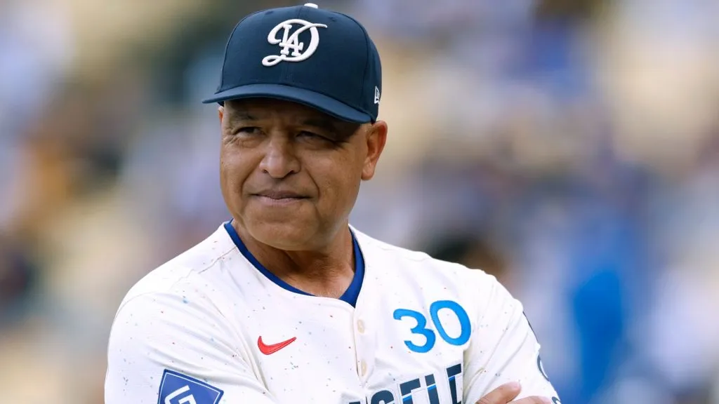 Dave Roberts #30 of the Los Angeles Dodgers smiles before the game against the Pittsburgh Pirates at Dodger Stadium on April 26, 2025. (Source: Harry How/Getty Images)