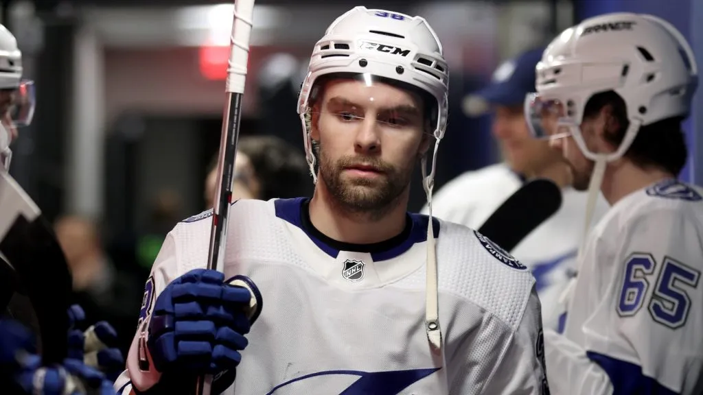 Brandon Hagel #38 of the Tampa Bay Lightning greets teammates before playing against the Philadelphia Flyers at the Wells Fargo Center on January 23, 2024 in Philadelphia, Pennsylvania. 