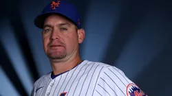 Manager Carlos Mendoza #28 of the New York Mets poses for a portrait on New York Mets Photo Day at Clover Park on February 22, 2024.