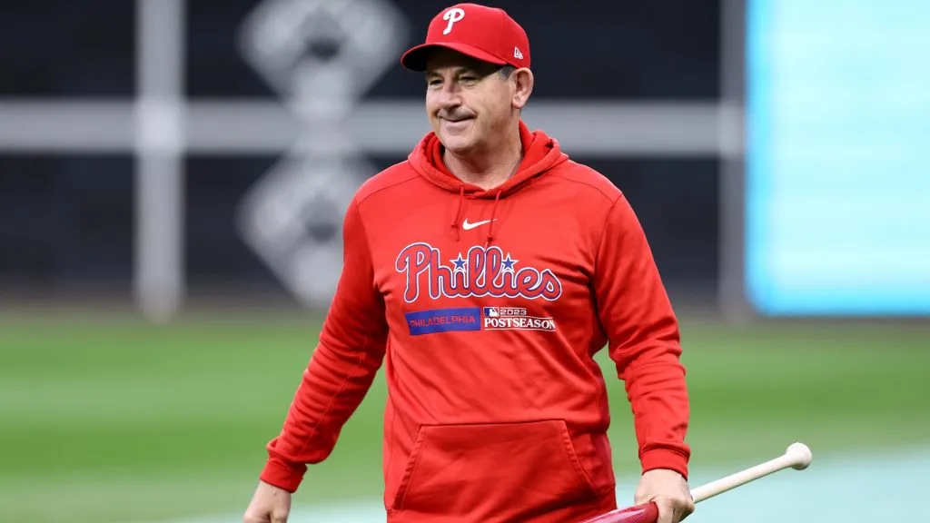 Philadelphia Phillies manager Rob Thomson looks on during batting practice before Game Two of the Championship Series against the Arizona Diamondbacks in 2023. (Source: Tim Nwachukwu/Getty Images)