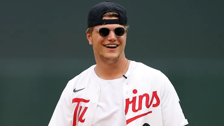 J.J. McCarthy of the Minnesota Vikings looks on prior to the start of the game between the Tampa Bay Rays and Minnesota Twins at Target Field on June 18, 2024 in Minneapolis, Minnesota.
