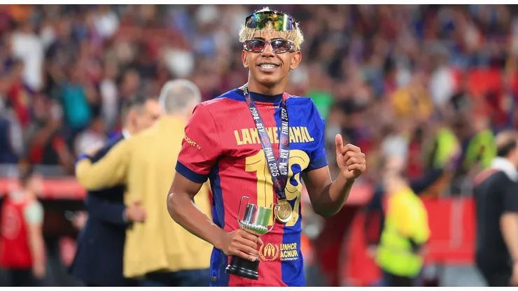 Lamine Yamal of FC Barcelona celebrates after winning the Copa del Rey Final match between FC Barcelona and Real Madrid at Estadio de La Cartuja on April 26, 2025 in Seville, Spain.