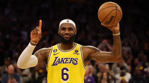 LeBron James #6 of the Los Angeles Lakers reacts after scoring to pass Kareem Abdul-Jabbar to become the NBA's all-time leading scorer on February 07, 2023.