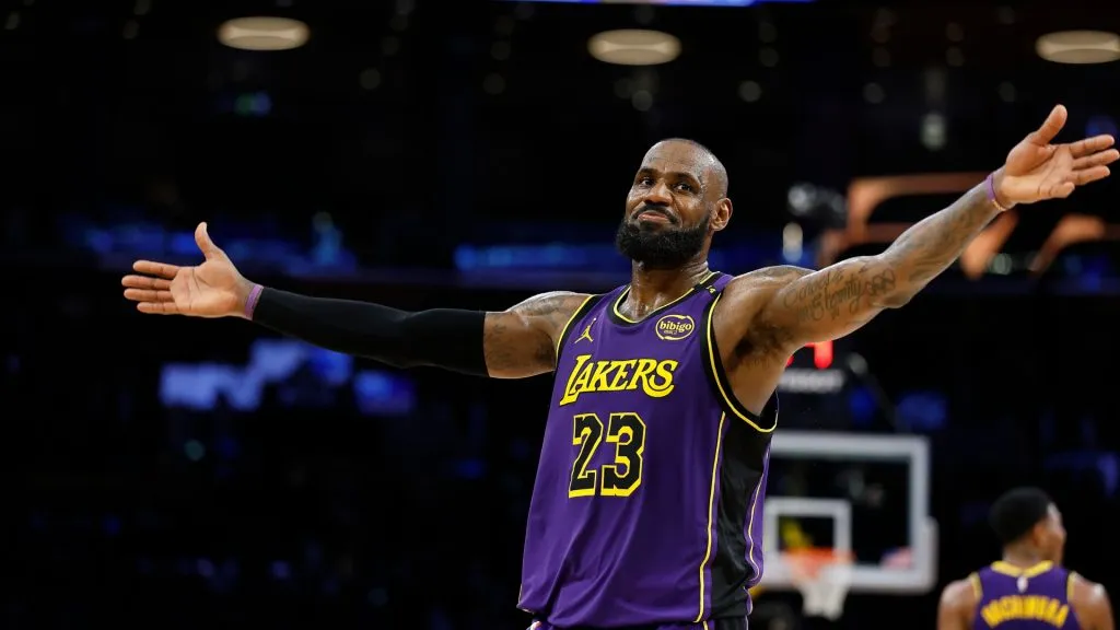 LeBron James #23 of the Los Angeles Lakers reacts during a 120-112 win against the Golden State Warriors in the second half at Crypto.com Arena on February 06, 2025. (Source: Ronald Martinez/Getty Images)