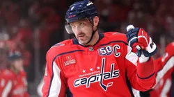 NHL legend Alex Ovechkin #8 of the Washington Capitals celebrates after scoring a goal against the Montreal Canadiens during the first period in Game One of the First Round of the 2025 Stanley Cup Playoffs.