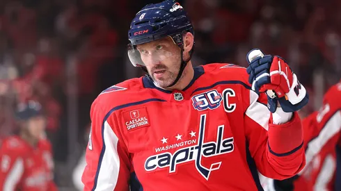 NHL legend Alex Ovechkin #8 of the Washington Capitals celebrates after scoring a goal against the Montreal Canadiens during the first period in Game One of the First Round of the 2025 Stanley Cup Playoffs.