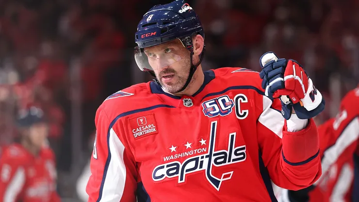 NHL legend Alex Ovechkin #8 of the Washington Capitals celebrates after scoring a goal against the Montreal Canadiens during the first period in Game One of the First Round of the 2025 Stanley Cup Playoffs.