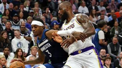 Jaden McDaniels #3 of the Minnesota Timberwolves goes to the basket against LeBron James #23 of the Los Angeles Lakers in the first quarter of Game Four of the First Round of the 2025 NBA Playoffs.