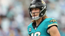 Quarterback Trevor Lawrence #16 of the Jacksonville Jaguars looks on during the first half against the Indianapolis Colts at EverBank Stadium on October 06, 2024 in Jacksonville, Florida.