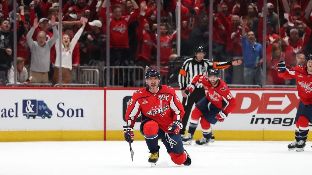 Alex Ovechkin #8 of the Washington Capitals celebrates after scoring a goal against the Montreal Canadiens during the first period in Game One of the First Round of the 2025 Stanley Cup Playoffs at Capital One Arena on April 21, 2025 in Washington, DC. (Photo by Patrick Smith/Getty Images)