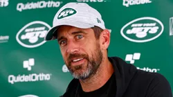Quarterback Aaron Rodgers talks to reporters after training camp at Atlantic Health Jets Training Center on July 26, 2023 in Florham Park, New Jersey.