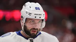 Nikita Kucherov #86 of the Tampa Bay Lightning looks on during Game Four of the First Round of the 2025 Stanley Cup Playoffs against the Florida Panthers at Amerant Bank Arena on April 28, 2025 in Sunrise, Florida.