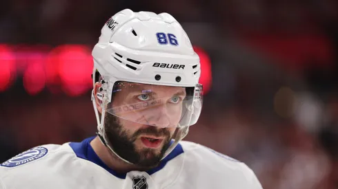 Nikita Kucherov #86 of the Tampa Bay Lightning looks on during Game Four of the First Round of the 2025 Stanley Cup Playoffs against the Florida Panthers at Amerant Bank Arena on April 28, 2025 in Sunrise, Florida.