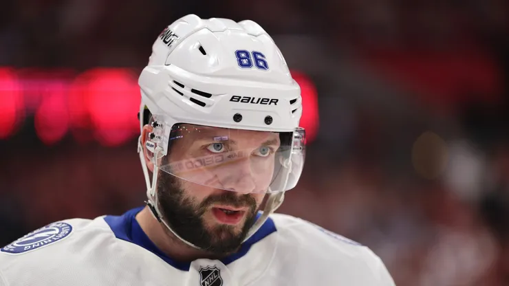 Nikita Kucherov #86 of the Tampa Bay Lightning looks on during Game Four of the First Round of the 2025 Stanley Cup Playoffs against the Florida Panthers at Amerant Bank Arena on April 28, 2025 in Sunrise, Florida.