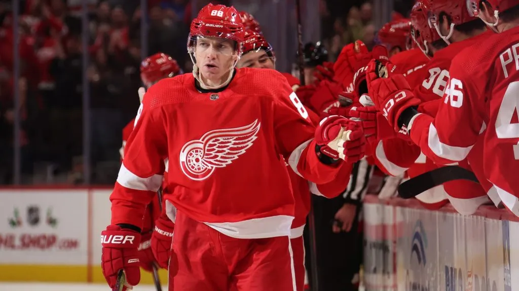 Patrick Kane #88 of the Detroit Red Wings celebrates his first period goal against the Ottawa Senators at Little Caesars Arena on December 09, 2023 in Detroit, Michigan. (Photo by Gregory Shamus/Getty Images)