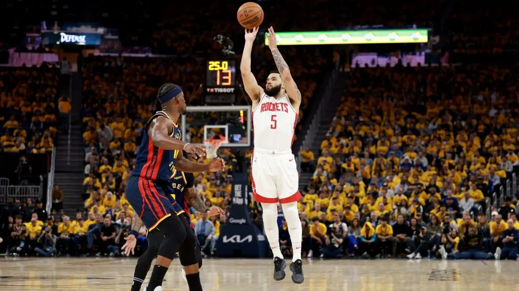 Fred VanVleet #5 of the Houston Rockets shoots a three point basket against Jimmy Butler III #10 of the Golden State Warriors during the NBA Playoffs. (Ezra Shaw/Getty Images)