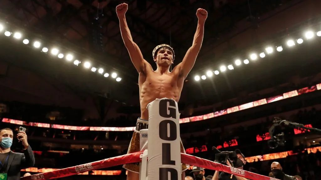 Ryan Garcia celebrates after defeating Luke Campbell during the WBC Interim Lightweight Title fight at American Airlines Center on January 02, 2021. (Source: Tim Warner/Getty Images)
