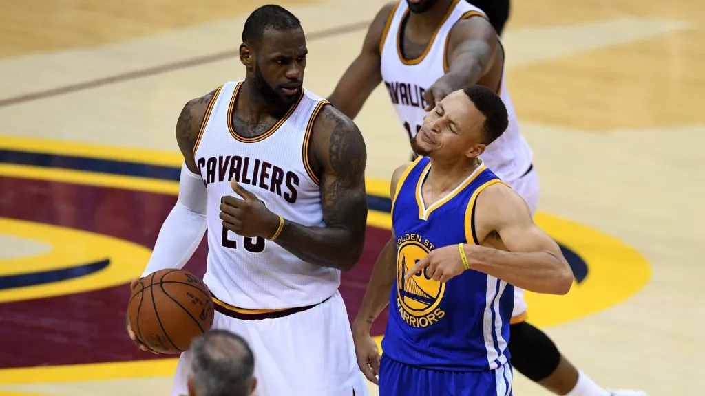 Stephen Curry #30 of the Golden State Warriors reacts to a foul call during the fourth quarter as LeBron James #23 of the Cleveland Cavaliers looks on in Game 6 of the 2016 NBA Finals. (Source: Jason Miller/Getty Images)