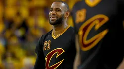 LeBron James #23 of the Cleveland Cavaliers smiles during the fourth quarter against the Golden State Warriors.