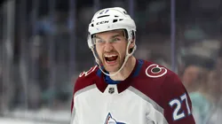 Jonathan Drouin #27 of the Colorado Avalanche celebrates his goal against the Seattle Kraken during the third period at Climate Pledge Arena on November 13, 2023 in Seattle, Washington.