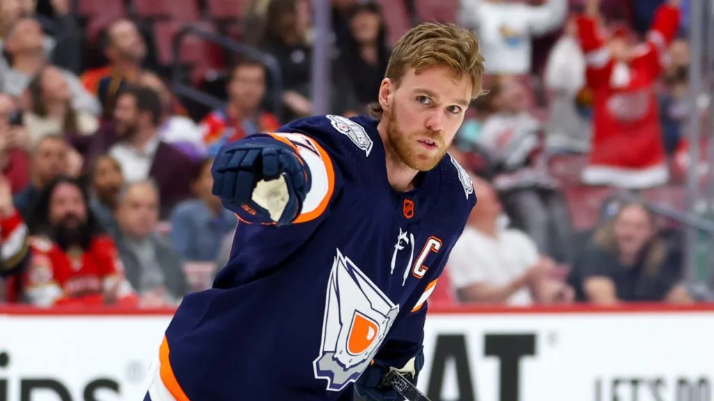 Connor McDavid #97 of the Edmonton Oilers competes in the Honda NHL Accuracy Shooting during the 2023 NHL All-Star Skills Competition at FLA Live Arena on February 03, 2023 in Sunrise, Florida.