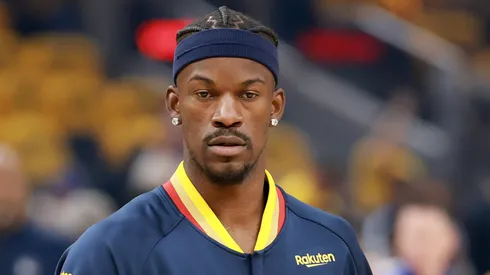 Jimmy Butler III #10 of the Golden State Warriors warms up prior to Game Four of the Western Conference First Round NBA Playoffs against the Houston Rockets.