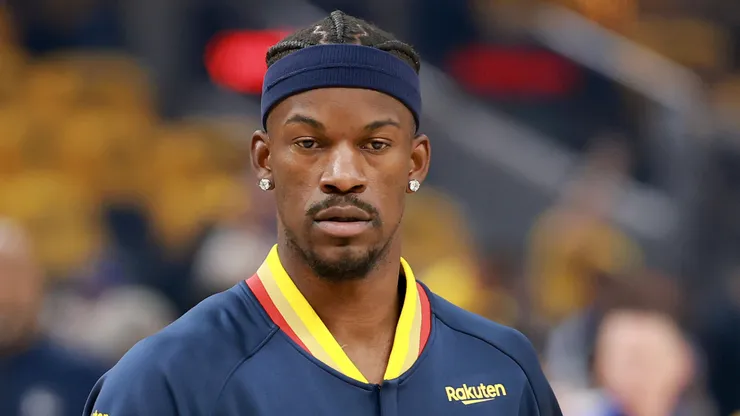 Jimmy Butler III #10 of the Golden State Warriors warms up prior to Game Four of the Western Conference First Round NBA Playoffs against the Houston Rockets.