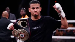 Rolando Romero poses after defeating Ismael Barroso for a vacant WBA super lightweight title at The Cosmopolitan of Las Vegas on May 13, 2023.