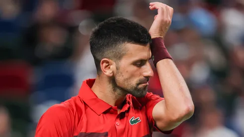 Novak Djokovic of Serbia reacts in the Men's singles 2nd Round match against Alex Michelsen of the United States during the Shanghai Masters.
